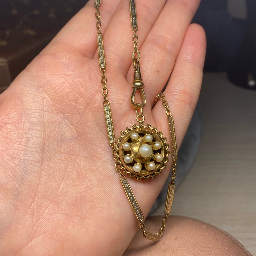 Antique Pearl Gold Filled Etruscan Revival Necklace Pendant Watch Fob